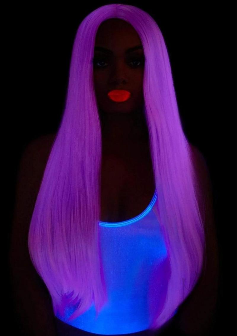 Leg Avenue Long Straight 33 inch Center Part Wig Lavender showcased on a model with a glowing blue top and vibrant lavender hair.