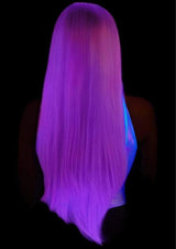 Leg Avenue Long Straight 33 inch Center Part Wig Lavender displayed on a model showcasing its silky, straight design.