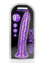 RealRock Glow in the Dark Dildo Suction Cup 9 inch Purple packaging featuring 9 inch glow-in-the-dark dildo.
