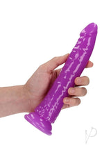 RealRock Glow in the Dark Dildo Suction Cup 9 inch Purple held in hand