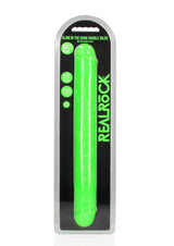 RealRock Double Dong Glow in the Dark Dildo 15 inch Green packaged for retail display
