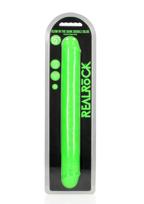 RealRock Double Dong Glow in the Dark Dildo 15 inch Green packaged for retail display