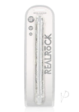RealRock Crystal Clear Double Dong 18 inch Clear in packaging, showcasing its transparent design and versatility.