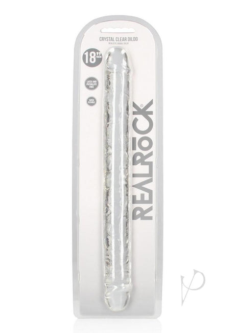 RealRock Crystal Clear Double Dong 18 inch Clear in packaging, showcasing its transparent design and versatility.