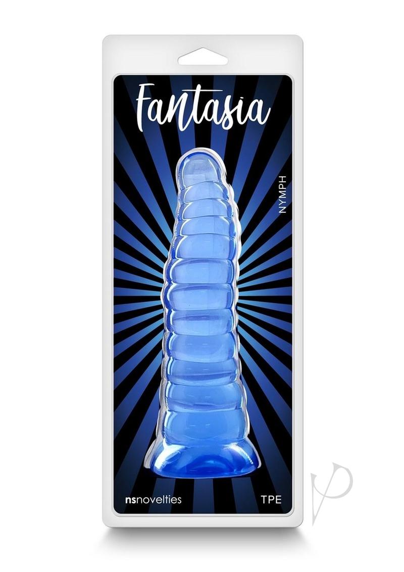 Fantasia Nymph Non-Phallic TPE Dildo Blue packaging with striking blue design, perfect for imaginative stimulation.