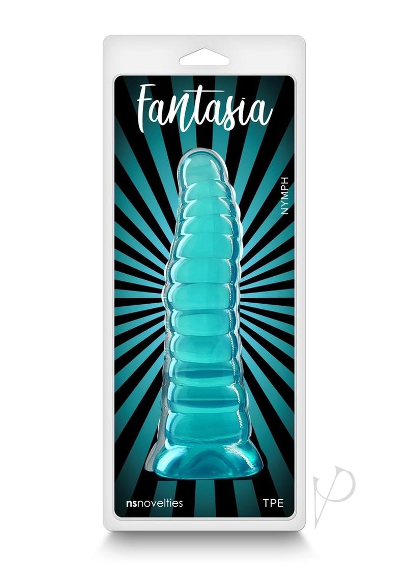 Fantasia Nymph 7 Inch Non-Phallic Dildo Teal in packaging with striking teal design and bold sculpted shape.
