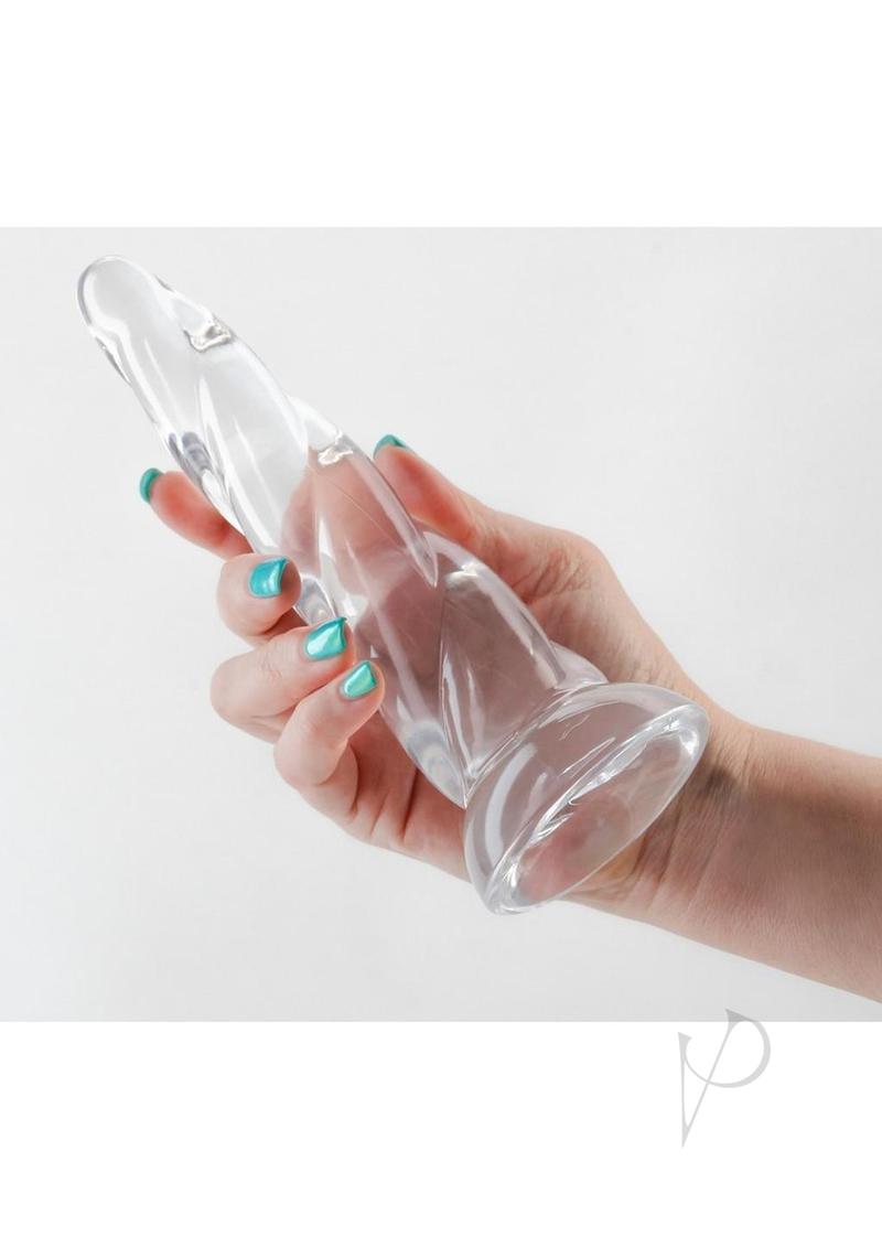 Fantasia Siren 6.81 Inch TPE Suction Cup Dildo Clear held in hand with polished nails.