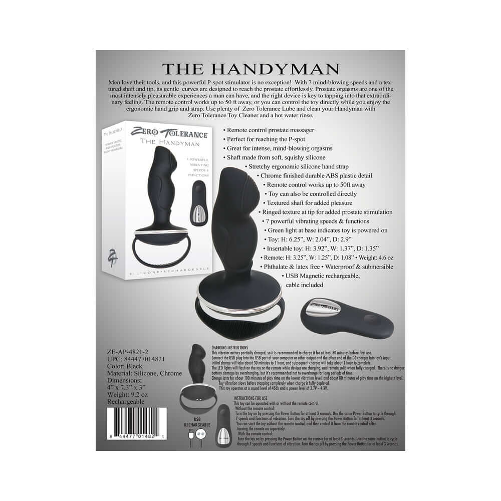 Zero Tolerance The Handyman Vibrating Prostate Massager packaging with product features and specifications.