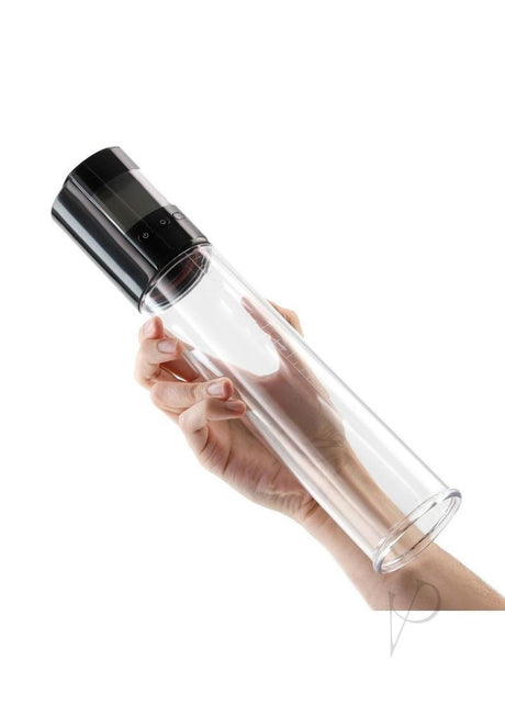Enlarge Viking Rechargeable Penis Pump Black/Clear held in hand, showcasing automatic vacuum design.