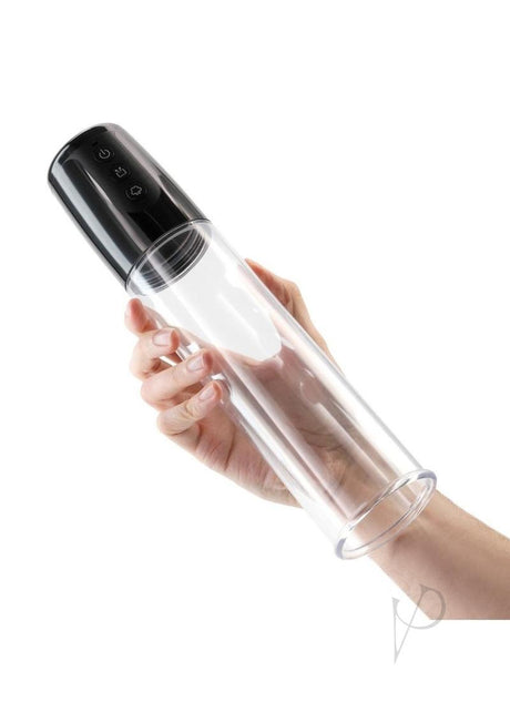 Enlarge Atlas Battery Operated Penis Pump held in hand, featuring clear acrylic tube and control buttons.