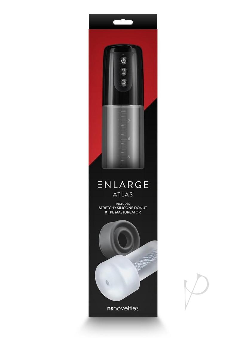 Enlarge Atlas Battery Operated Penis Pump packaging showcasing powerful suction design for enhanced pleasure.