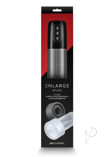 Enlarge Atlas Battery Operated Penis Pump packaging showcasing powerful suction design for enhanced pleasure.