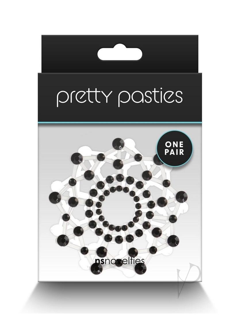 Pretty Pasties Charm III Nipple Covers Black packaging featuring elegant black design with acrylic stones.