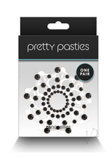Pretty Pasties Charm III Nipple Covers Black packaging featuring elegant black design with acrylic stones.