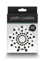 Pretty Pasties Charm III Nipple Covers Black packaging featuring elegant black design with acrylic stones.