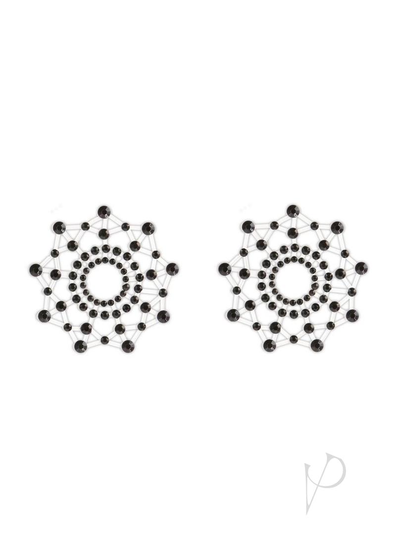 Pretty Pasties Charm III Nipple Covers Black with sparkling black acrylic stones, self-adhesive nipple covers.
