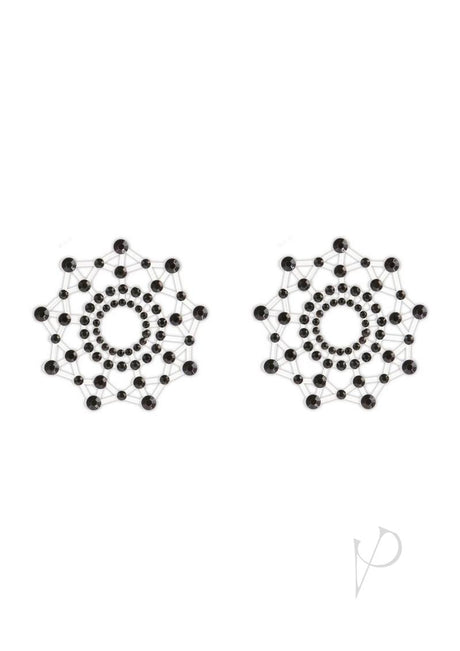 Pretty Pasties Charm III Nipple Covers Black with sparkling black acrylic stones, self-adhesive nipple covers.