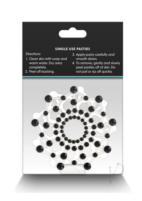 Pretty Pasties Charm III Nipple Covers Black packaging with application instructions and design details.