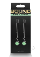 Bound Nipple Clamps G1 Iron Glow in the Dark Gray packaging featuring glowing clamps for erotic sensation play.