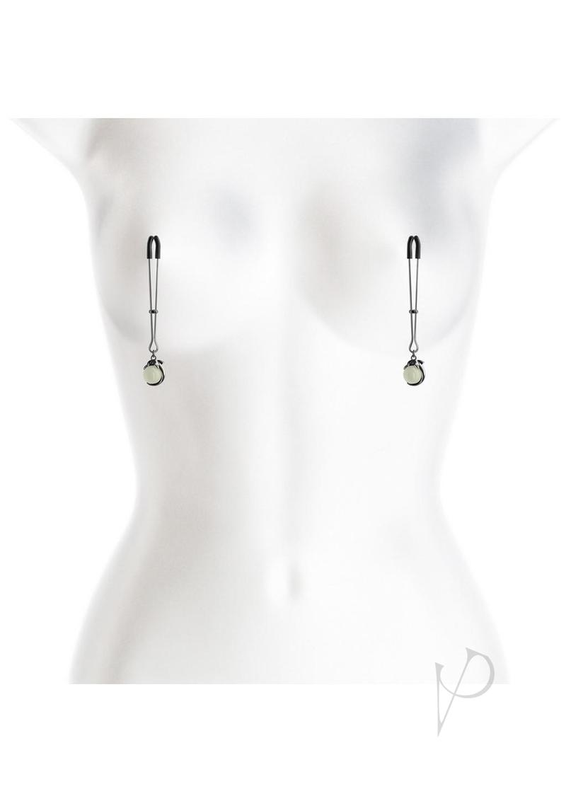 Bound Nipple Clamps G1 Iron Glow in the Dark Gray displayed on a mannequin to highlight design features.