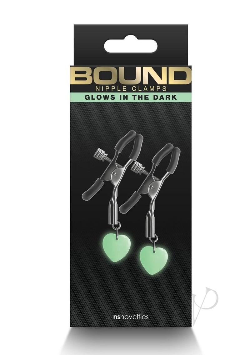 Bound Nipple Clamps G3 Iron Glow in the Dark Gray packaging with heart tips and glow-in-the-dark feature.