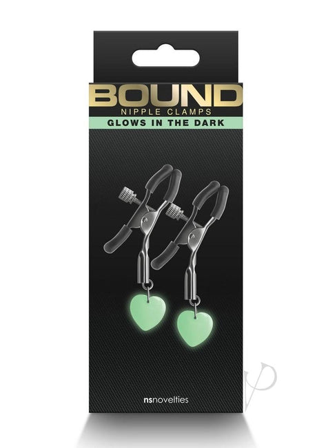 Bound Nipple Clamps G3 Iron Glow in the Dark Gray packaging with heart tips and glow-in-the-dark feature.