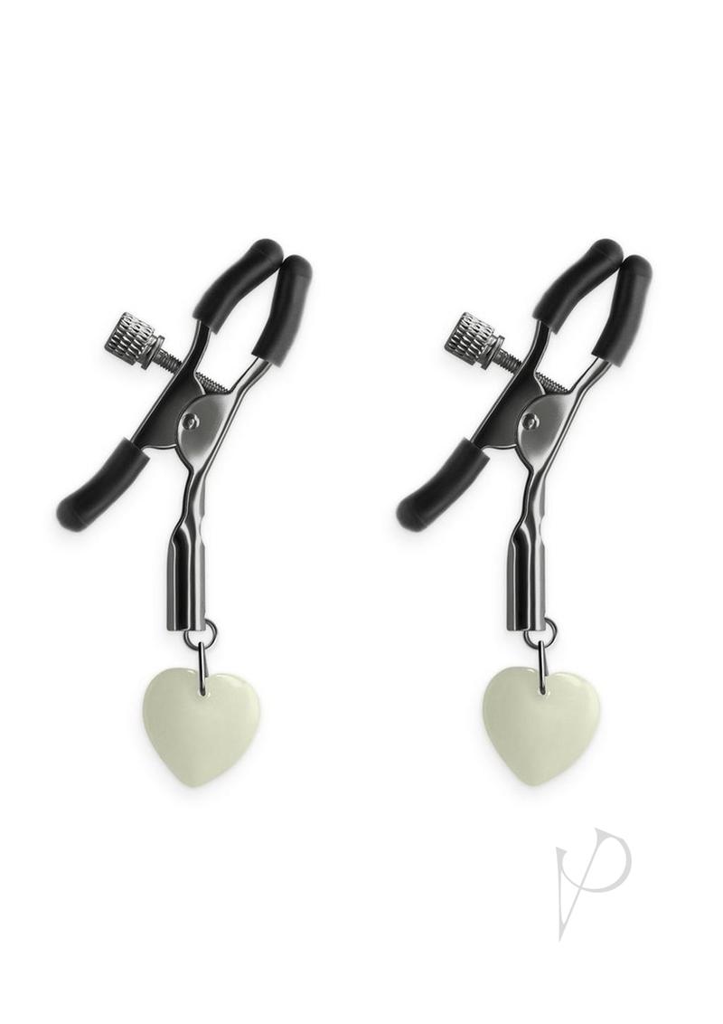 Bound Nipple Clamps G3 Iron Glow in the Dark Gray with heart accents for a playful touch.
