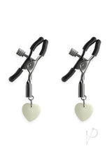 Bound Nipple Clamps G3 Iron Glow in the Dark Gray with heart accents for a playful touch.