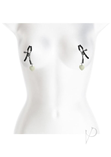 Bound Nipple Clamps G3 Iron Glow in the Dark Gray on a mannequin, showcasing the unique design and glow feature.