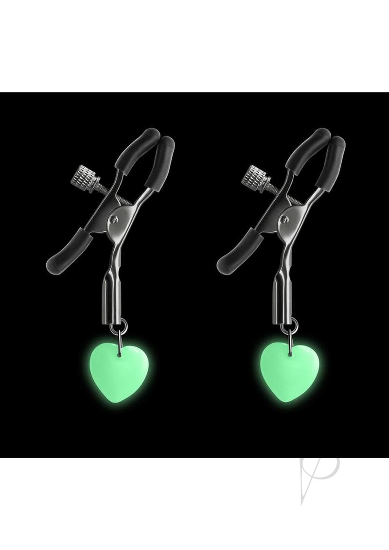 Bound Nipple Clamps G3 Iron Glow in the Dark Gray with heart accents, nickel-free metal and soft silicone tips.