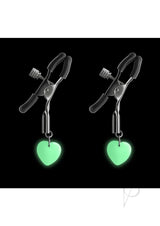 Bound Nipple Clamps G3 Iron Glow in the Dark Gray with heart accents, nickel-free metal and soft silicone tips.