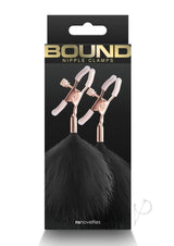 Bound Nipple Clamps F1 Rose Gold and Black packaging featuring elegant nipple clamps with fur accents.