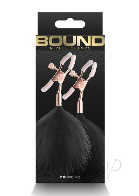 Bound Nipple Clamps F1 Rose Gold and Black packaging featuring elegant nipple clamps with fur accents.