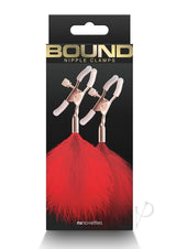 Bound Nipple Clamps F1 Rose Gold/Red with decorative red feathers, perfect for enhanced erotic play.