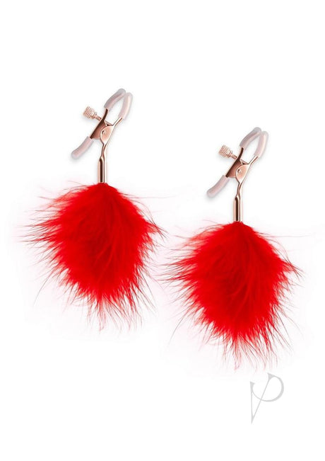 Bound Nipple Clamps F1 Rose Gold/Red with decorative red feathers for heightened stimulation and erotic play.
