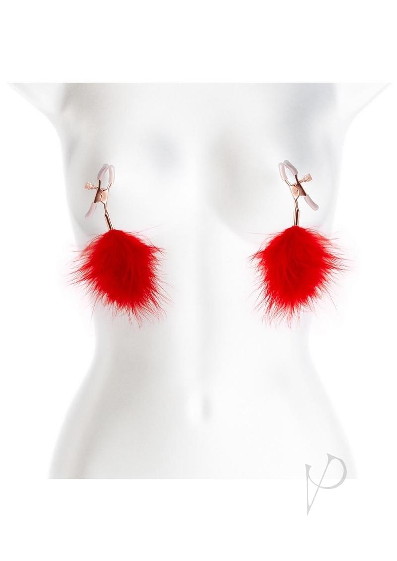 Bound Nipple Clamps F1 Rose Gold/Red with red feather accents on a mannequin.