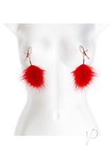 Bound Nipple Clamps F1 Rose Gold/Red with red feather accents on a mannequin.
