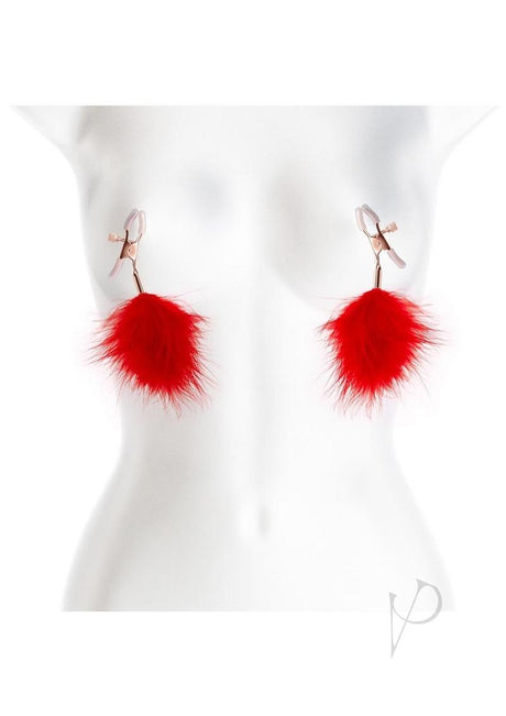 Bound Nipple Clamps F1 Rose Gold/Red with red feather accents on a mannequin.