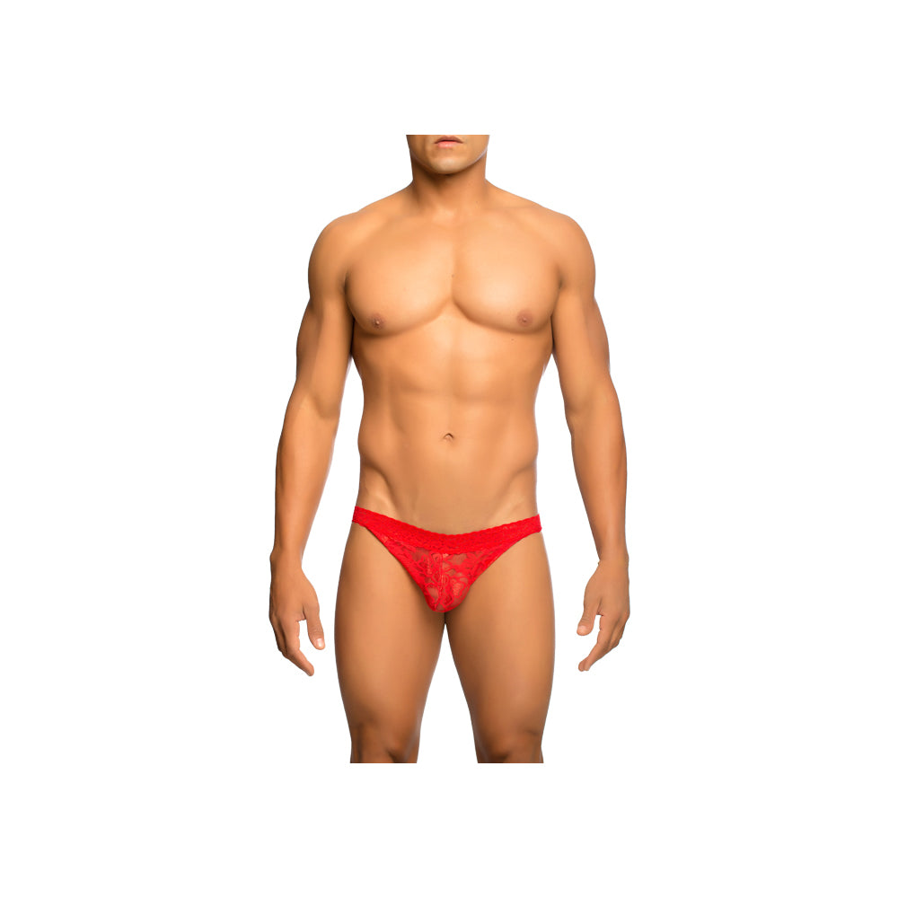 Male Basics Lace Jockstrap Red Size S M modeled by a male, showcasing its sexy lace design and supportive fit.