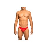 Male Basics Lace Jockstrap Red Size S M modeled by a male, showcasing its sexy lace design and supportive fit.
