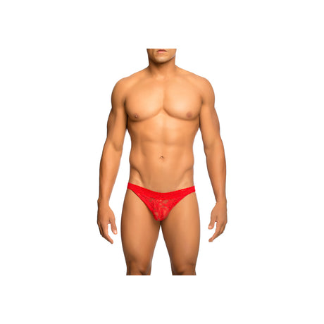 Male Basics Lace Jockstrap Red Size S M modeled by a male, showcasing its sexy lace design and supportive fit.