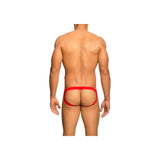 Male Basics Lace Jockstrap Red Size S M worn by a model, showcasing the delicate lace and jockstrap design from the back.