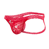 Male Basics Lace Jockstrap Red Size S M displayed from the side, featuring intricate lace design and jockstrap styling.