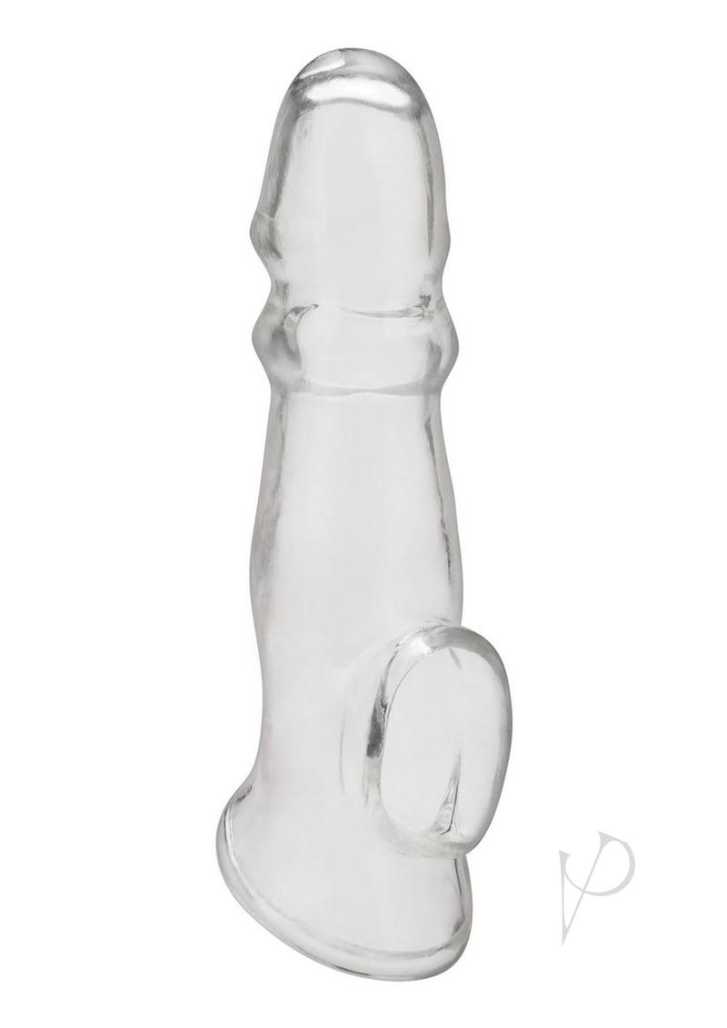 Blue Line Girthy Penis Sleeve Extension 6.75 Inch Clear displayed on a white background.