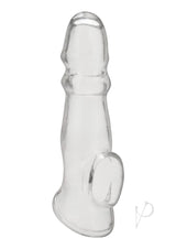 Blue Line Girthy Penis Sleeve Extension 6.75 Inch Clear displayed on a white background.
