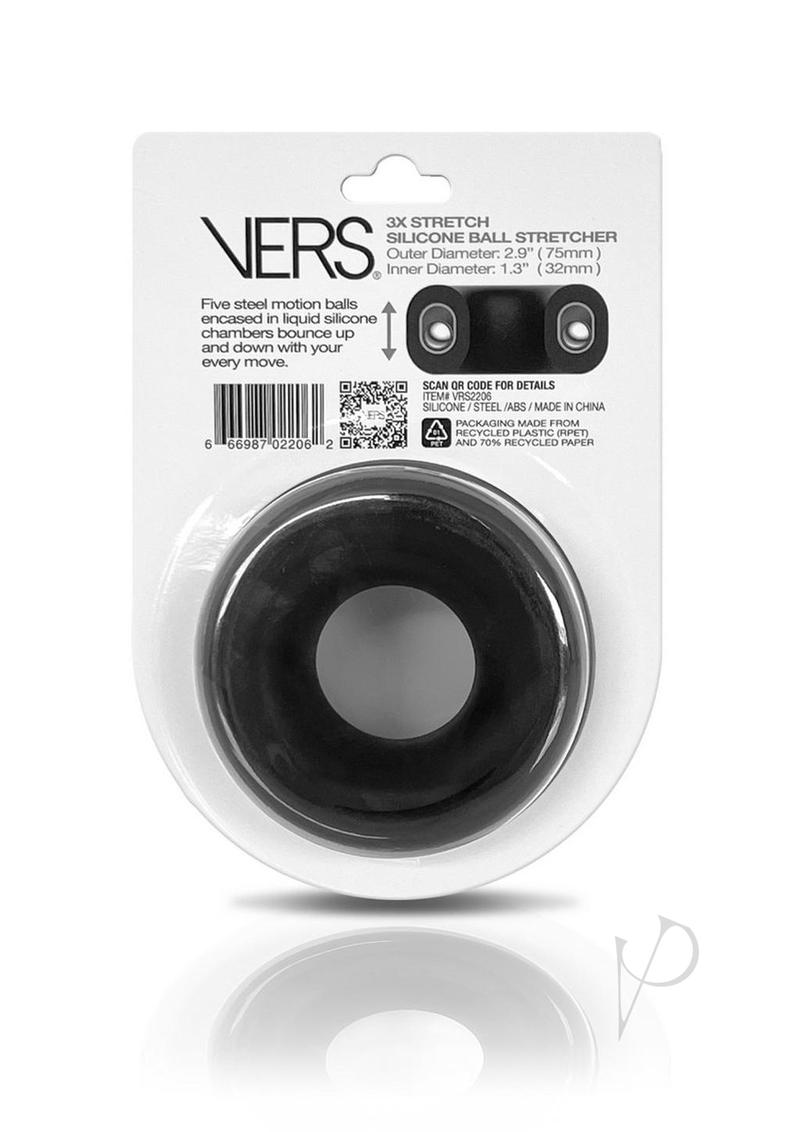 Vers Liquid Silicone Ball Stretcher Steel Motion Balls Black packaging showcasing its snug design and five steel motion balls.