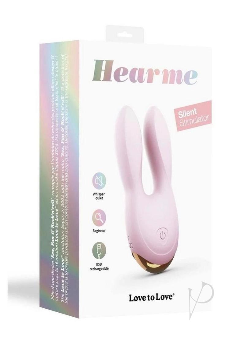 Hear Me Baby Silicone Clitoral Stimulator Baby Pink packaging featuring design and features, promoting pleasure and satisfaction.