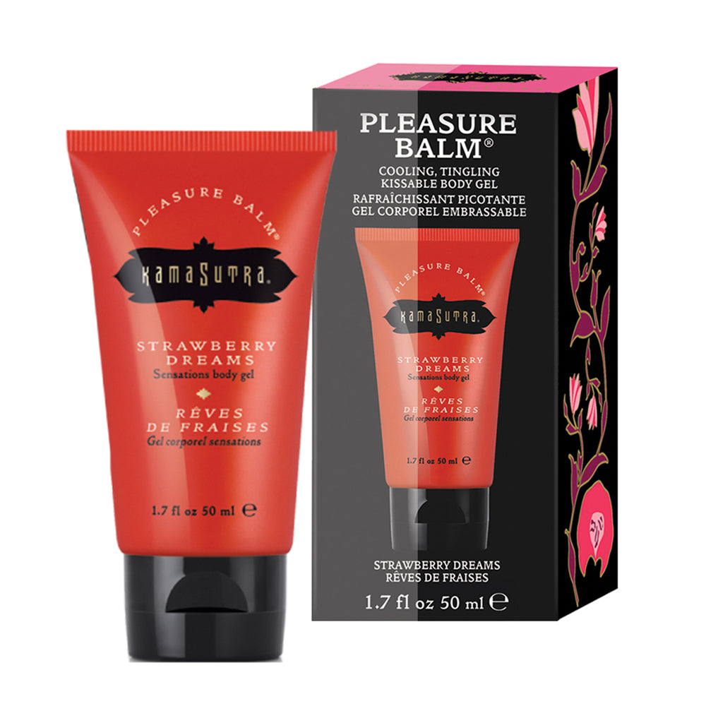 Kama Sutra Pleasure Balm Strawberry Dreams 1.7 Oz, kissable body gel tube and box for sensual play.