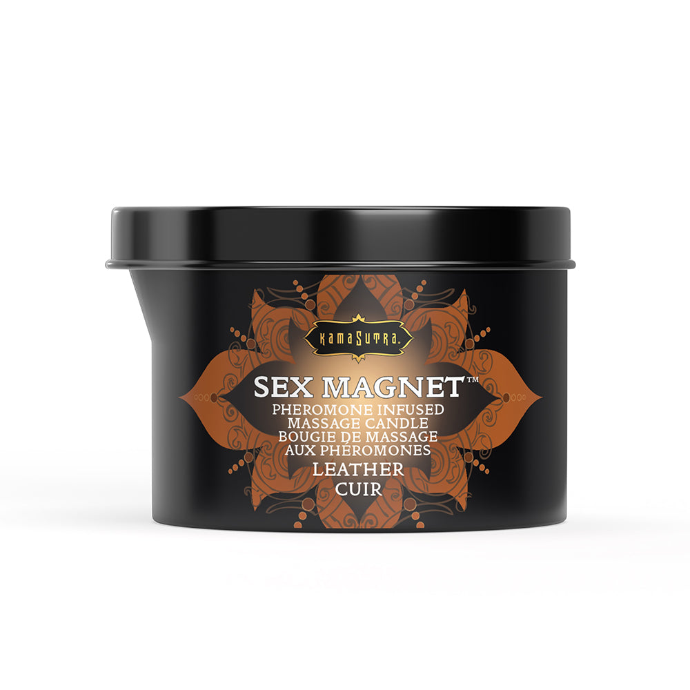Kama Sutra Sex Magnet Leather Ignite Pheromone Massage Candle 6 Oz in sleek black container with intricate design.