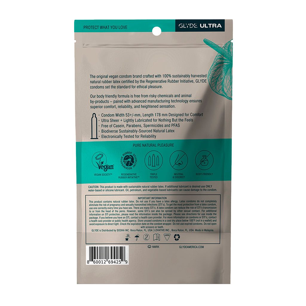 Glyde Ultra Standard Fit Vegan Condoms 12pk packaging featuring vegan and environmentally friendly icons.